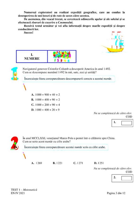 EVALUARE NAȚIONALĂ 2021 clasa a IV a Modele de SUBIECTE la Matematică