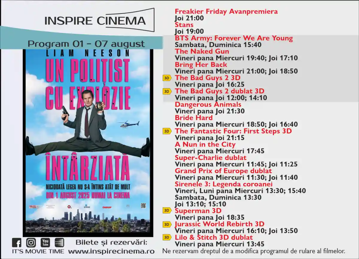 Programul Inspire Cinema Alba Iulia, pentru perioada 1 – 7 august 2025. Ce filme vor rula la cinematograful din centrul comercial Alba Mall