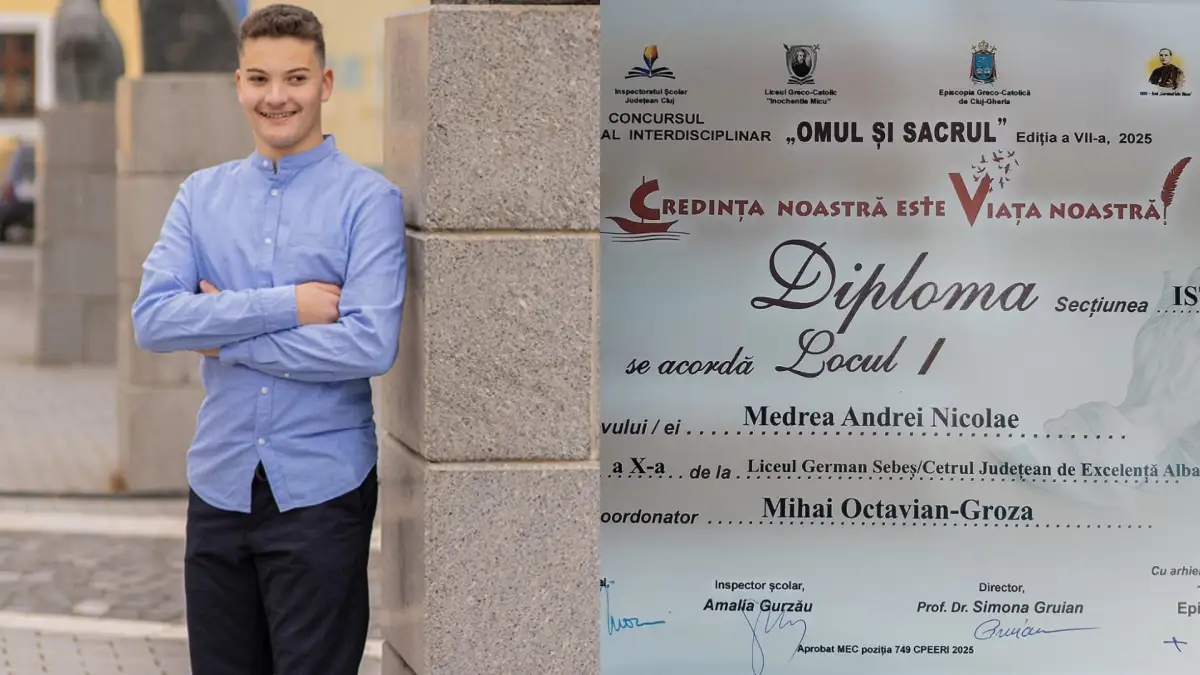 FOTO | Andrei Medrea, elev al Liceului German Sebeș, premiul I la secțiunea Istorie a concursului „Omul și Sacrul”